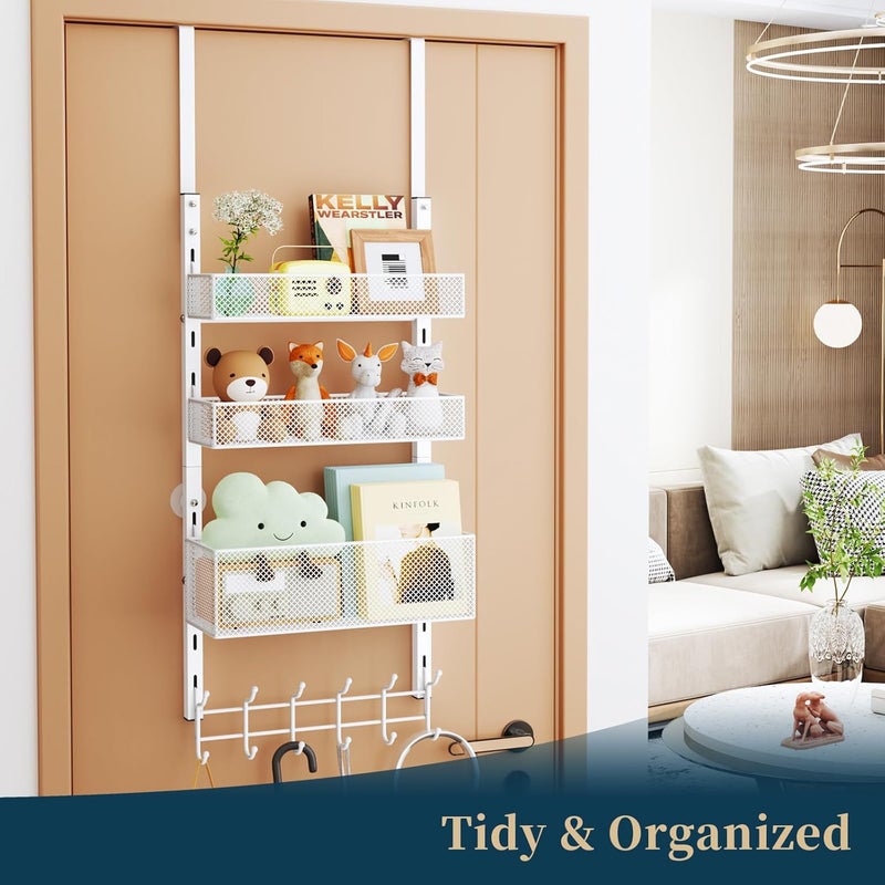 Consumest Over The Door Hooks Organizer - 4 Tier Door Coat Rack with 3 Baskets and 12 Hooks, Stainless Steel Towel Hanger for Bedroom, Bathroom, Living Room, White - Image 5